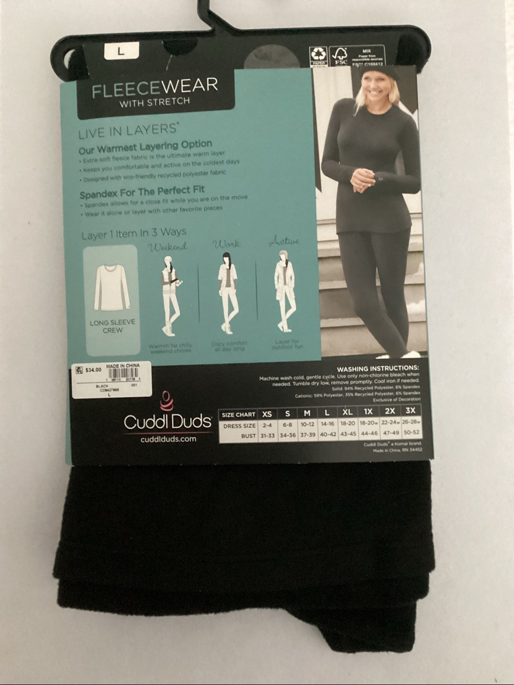 Cuddl Duds Black Fleecewear with Stretch Long Sleeve Crew Top - Picture 3 of 5